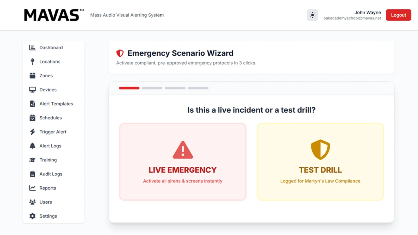 The MAVAS emergency scenario wizard asking whether this is a live incident or a test drill, with the test drill option labelled as logged for the record.